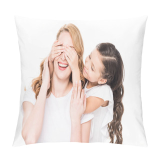 Personality  Portrait Of Child Covering Eyes To Smiling Mother Isolated On White Pillow Covers