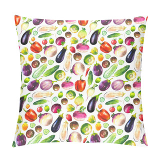 Personality  Watercolor Illustration With Composition Of Farm Grown Products. Seamless Pattern On White Background. Vegetables Set: Pepper, Cucumber, Turnip, Radish, Eggplant, Tomato. Fresh Organic Food. Pillow Covers