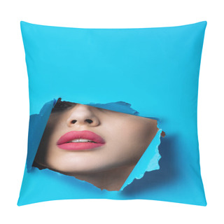 Personality  Woman With Pink Lips Looking Across Hole In Blue Paper Pillow Covers