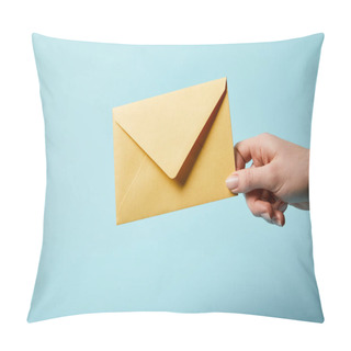 Personality  Cropped View Of Woman Holding Bright And Yellow Envelope On Blue Background  Pillow Covers