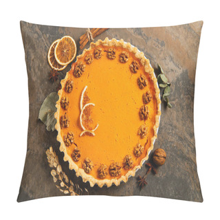 Personality  Thanksgiving Setting, Pumpkin Pie With Walnuts And Orange Slices Near Cinnamon Sticks On Stone Table Pillow Covers