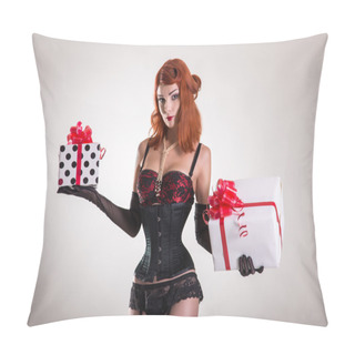 Personality  Portrait Of Pretty Redhead Pin-up Girl Holding Gift Boxes Pillow Covers
