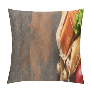 Personality  Panoramic Shot Of Wooden Cutting Board With Raw Salmon On Parchment Paper Near Quail Eggs, Baguette, Apple And Lettuce On Marble Surface Pillow Covers