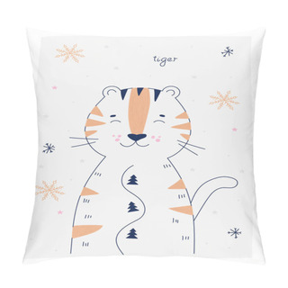 Personality  Cute Doodle Illustration With Tiger. Beautiful Hand Drawn Posters. Winter Holidays Flat Illustrations Pillow Covers