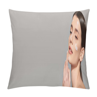 Personality  A Young Woman With Brunette Hair Poses Gracefully With A Generous Amount Of Cream Covering Her Face. Pillow Covers