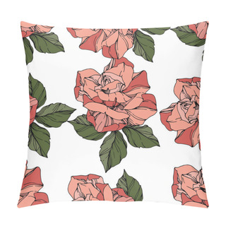 Personality  Beautiful Vector Roses. Wild Spring Leaves. Coral Color Engraved Ink Art. Seamless Background Pattern. Fabric Wallpaper Print Texture. Pillow Covers