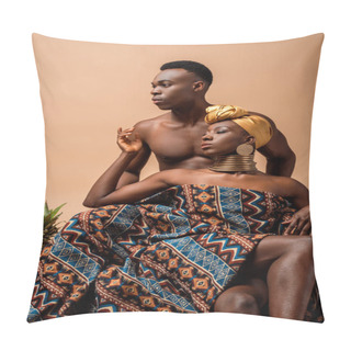Personality  Sexy Naked Tribal Afro Woman Covered In Blanket Posing Near Man And Pineapple Isolated On Beige Pillow Covers