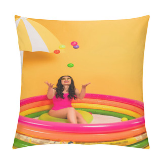 Personality  Happy Girl Throwing In Air Balls While Sitting In Inflatable Pool On Yellow  Pillow Covers