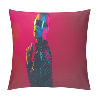 Personality  Modern Beauty Portrait. Young Woman With Shaved Head. Colored Gel Fashion Look Pillow Covers