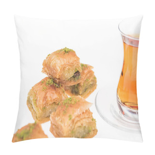 Personality  Close Up View Of Cup Of Tea Near Baklava Isolated On White Pillow Covers