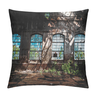 Personality  Photo Of An Abandoned Industrial Interior With Bright Light Pillow Covers
