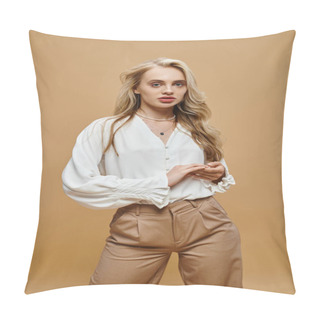 Personality  Young Blonde Woman In Classic Style Casual Clothes Looking At Camera On Beige, Timeless Fashion Pillow Covers