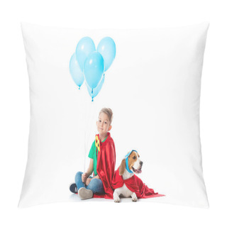 Personality  Preschooler Child And Beagle Dog In Red Hero Cloaks With Blue Party Balloons On White Pillow Covers