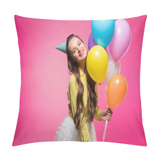 Personality  Attractive Woman Posing With Party Hat And Balloons Isolated On Pink Pillow Covers