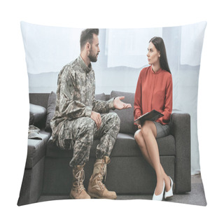 Personality  Soldier In Military Uniform With Ptsd Talking To Psychiatrist At Therapy Session Pillow Covers