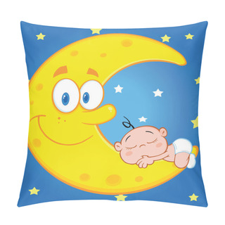 Personality  Cute Baby Boy Sleeps On The Smiling Moon Over Blue Sky With Stars Pillow Covers