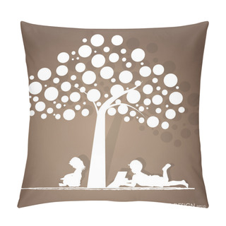 Personality  Vector Background With Children Read A Book Under Tree. Vector I Pillow Covers