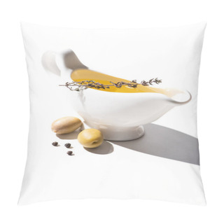 Personality  Olive Oil In Gravy Boat With Herb Near Green Olives And Black Pepper On White Background Pillow Covers
