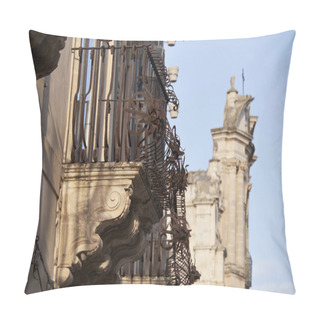 Personality  Italy, Sicily, Scicli (Ragusa Province), Old Baroque Balconies And The St. John's Church Facade (18th Century AC) In The Background Pillow Covers