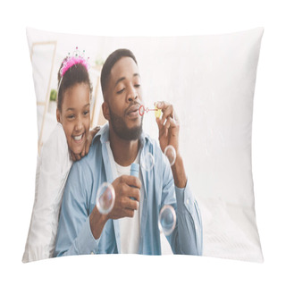 Personality  Play With Father. Dad And Daughter Blowing Soap Bubbles Pillow Covers