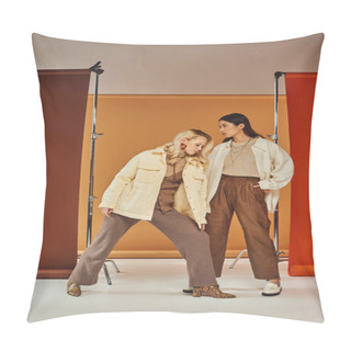 Personality  Fall Fashion, Young Interracial Women In Autumn Clothes Posing On Pastel Multicolored Backdrop Pillow Covers