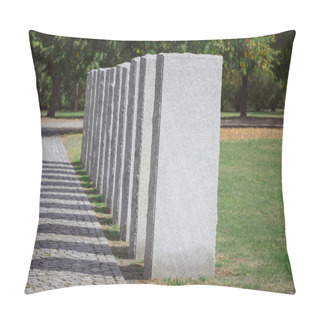 Personality  Selective Focus Of Stone Tombs Placed In Row At Graveyard Pillow Covers