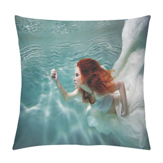Personality  Underwater Girl. Beautiful Red-haired Woman In A White Dress, Swimming Under Water. Pillow Covers