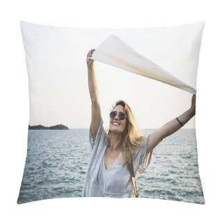 Personality  Woman Smiling And Chill Out By The Sea, Original Photoset Pillow Covers