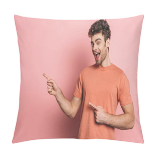 Personality  Amazed Young Man Pointing With Fingers While Looking At Camera On Pink Background Pillow Covers