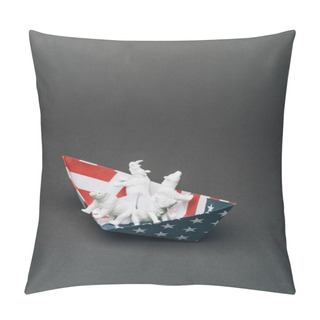 Personality  White Toy Animals In Paper Boat From American Flag On Grey Background, Animal Welfare Concept Pillow Covers