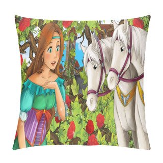 Personality  Cartoon Scene Of Beautiful Princess In The Garden With White Horses - Castle In The Background - Illustration For Children Pillow Covers