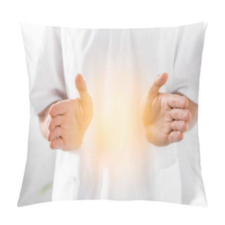 Personality  Cropped View Of Healer Cleaning Aura On White Pillow Covers