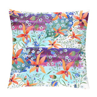 Personality  Blue And Orange Flowers. Watercolour Drawing Of Background With Orchids And Forget Me Nots. Pillow Covers