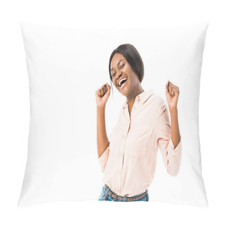 Personality  Smiling African American Woman Showing Yes Gesture And Looking At Camera Isolated On White  Pillow Covers