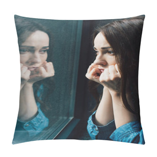 Personality  Sad Brunette Woman Touching Face While Looking At Window  Pillow Covers