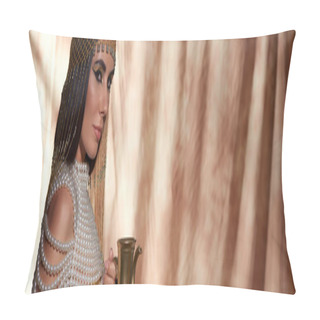 Personality  Elegant Woman In Egyptian Headdress And Pearl Top Holding Golden Jug On Abstract Background, Banner Pillow Covers