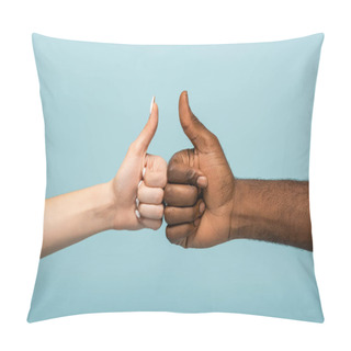 Personality  Cropped View Of Interracial Couple Showing Thumbs Up Isolated On Blue Pillow Covers