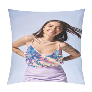 Personality  A Brunette Woman Exudes Joy In A Vibrant Purple Dress, Her Smile Illuminating The Frame In A Studio Setting. Pillow Covers