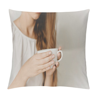 Personality  Cropped View Of Woman Holding Cup Of Coffee Or Tea Closeup. Pillow Covers