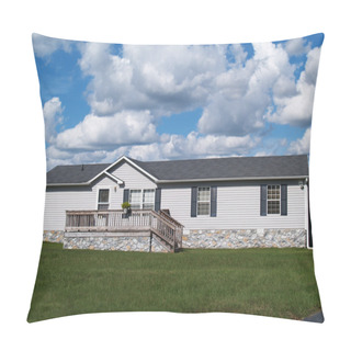 Personality  Gray Trailer Home With Stone Foundation Or Skirting And Shutters In Front Of A Beautiful Sky. Pillow Covers