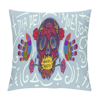 Personality  Cheerful Day Of The Dead Poster, Colorful Skeleton And Skulls Dancing Happily Colorful In Doodle Style Illustration, Holiday's Name In Spanish And Mexico Pillow Covers