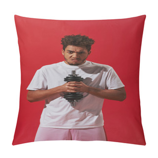 Personality  Curly African American Man Working Out With Dumbbell And Looking At Camera On Red Background Pillow Covers