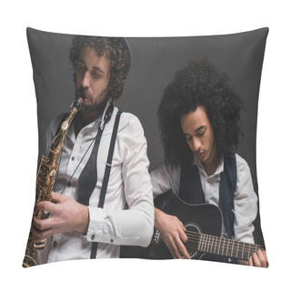 Personality  Duet Of Musicians Playing Sax And Guitar On Black Pillow Covers
