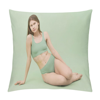 Personality  Horizontal Studio Portrait Of Young Caucasian Woman Wearing Comfortable Ribbed Underwear Posing For Camera, Mint Green Background Pillow Covers