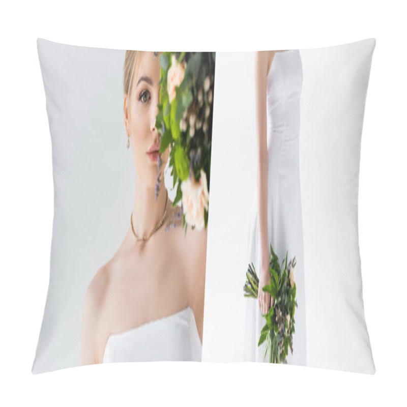 Personality  collage of bride in elegant wedding dress holding flowers isolated on white  pillow covers