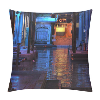 Personality  Grungy Cyberpunk City Urban Waterfront Cinematic Landscape Scene. 3D Illustration. Pillow Covers