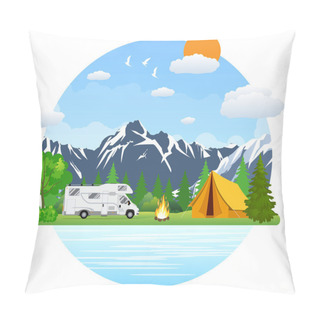 Personality  Forest Camping Landscape With Rv Traveler Bus In Flat Design. Pillow Covers