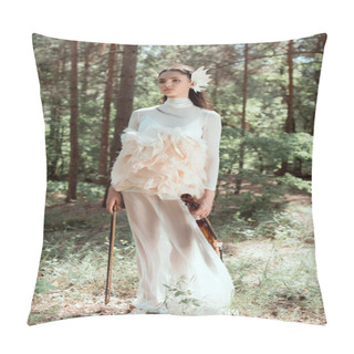 Personality  Young Woman In White Swan Costume Standing On Forest Background With Violin, Looking Away Pillow Covers
