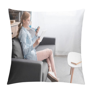 Personality  Side View Of Asthmatic Woman Using Inhaler With Spacer And Holding Digital Tablet  Pillow Covers