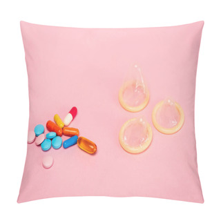 Personality  Close Up View Of Condoms And Birth Control Pills On Pink Background Pillow Covers
